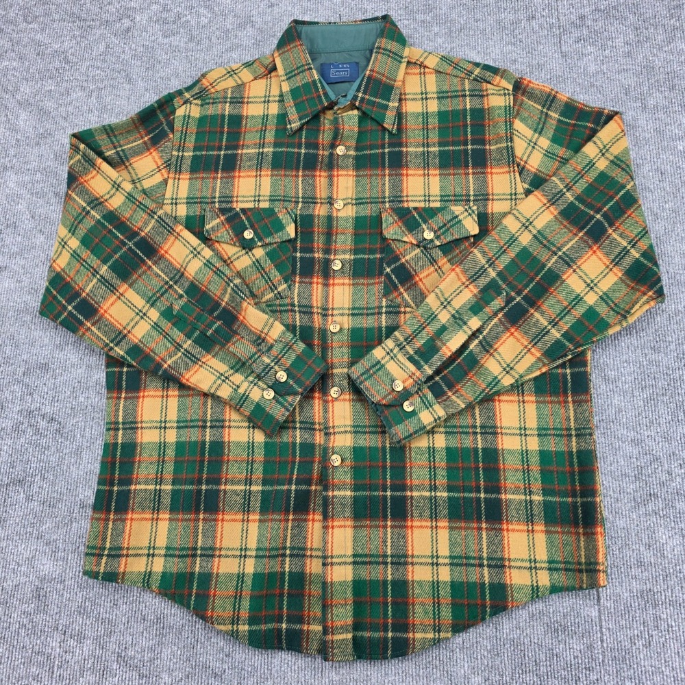 Vintage Sears Plaid Flannel Shirt Mens Large Green Yellow Orange Acrylic Korea